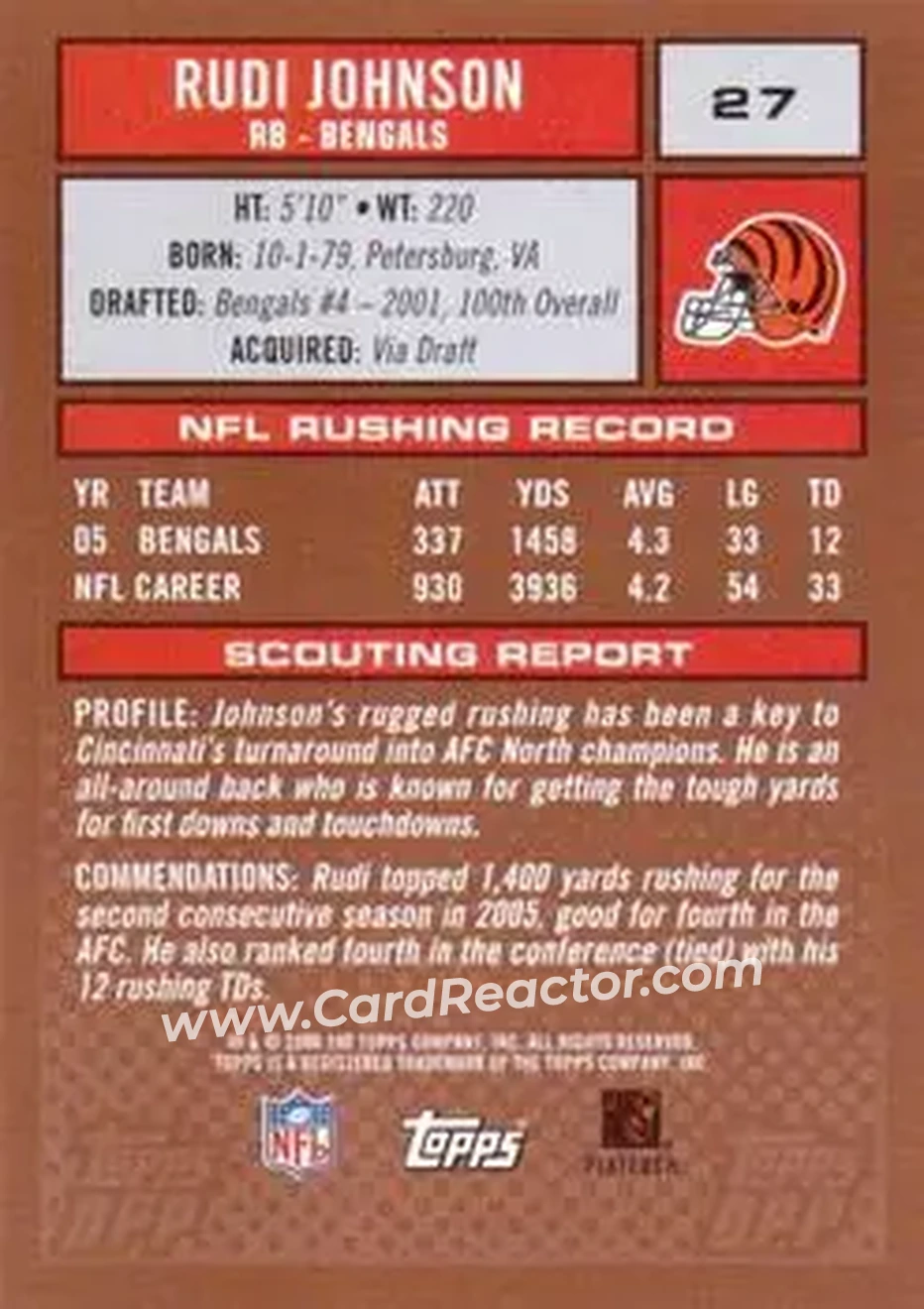 2006 Topps Draft Picks & Prospects #27 - Rudi Johnson - Cincinnati Bengals - Back 2006 Topps Draft Picks & Prospects #27 - Rudi Johnson - Cincinnati Bengals - Back