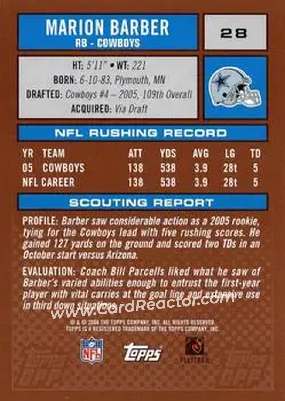 2006 Topps Draft Picks & Prospects #28 - Marion Barber - Dallas Cowboys - Back 2006 Topps Draft Picks & Prospects #28 - Marion Barber - Dallas Cowboys - Back