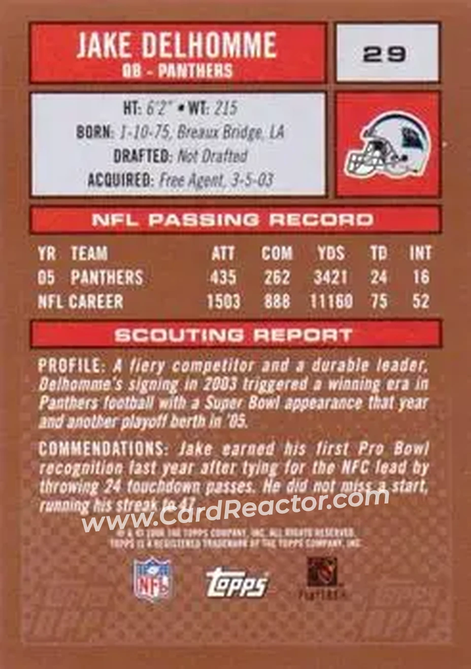 2006 Topps Draft Picks & Prospects #29 - Jake Delhomme - Carolina Panthers - Back
