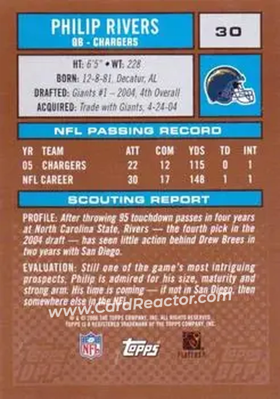 2006 Topps Draft Picks & Prospects #30 - Philip Rivers - San Diego Chargers - Back