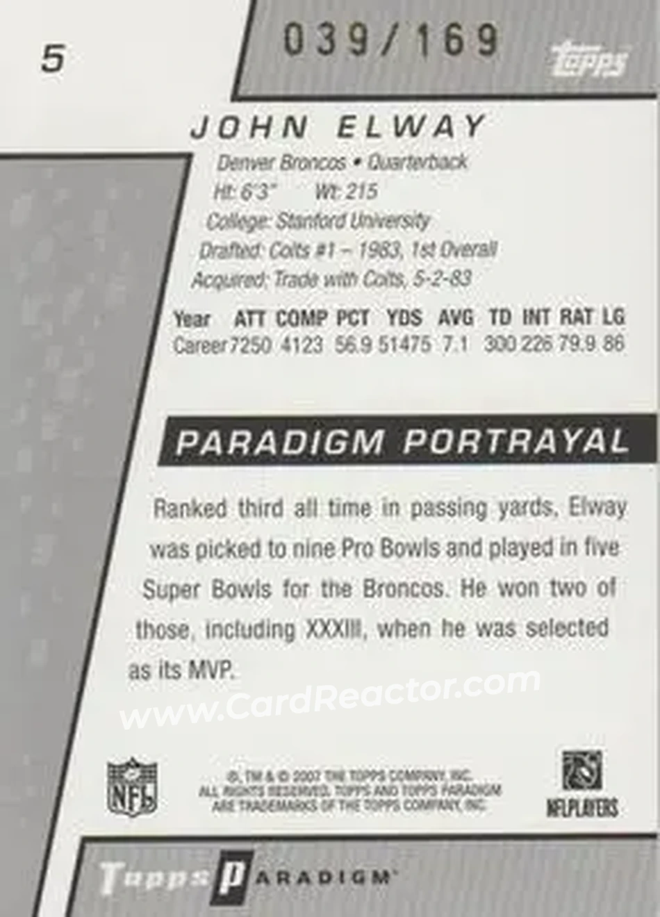 2006 Topps Paradigm #5 - John Elway - Denver Broncos - Back