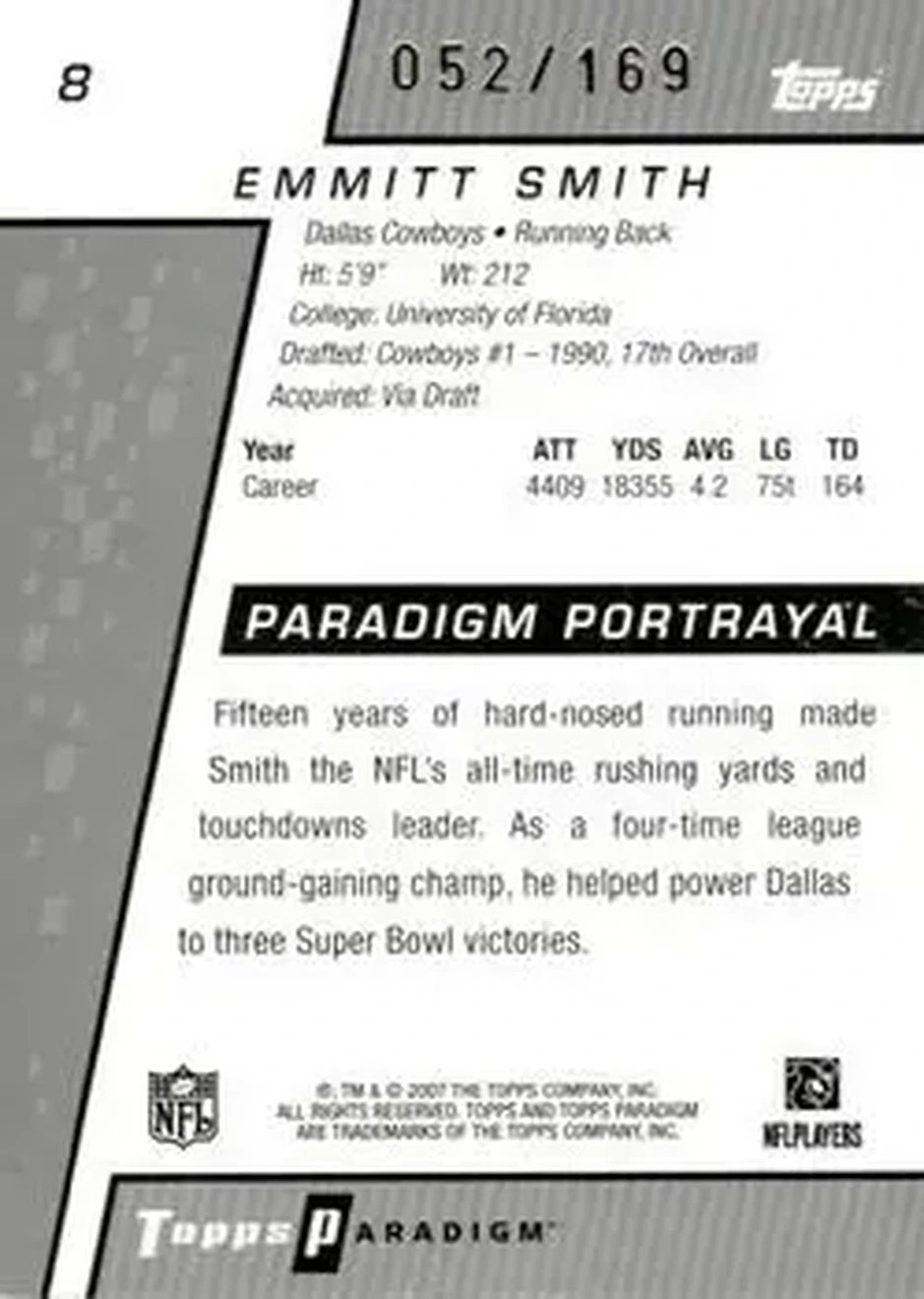 2006 Topps Paradigm #8 - Emmitt Smith - Dallas Cowboys - Back