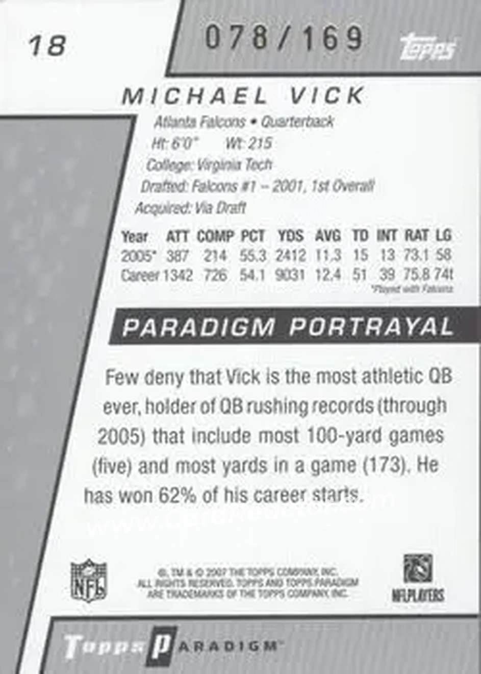 2006 Topps Paradigm #18 - Michael Vick - Atlanta Falcons - Back