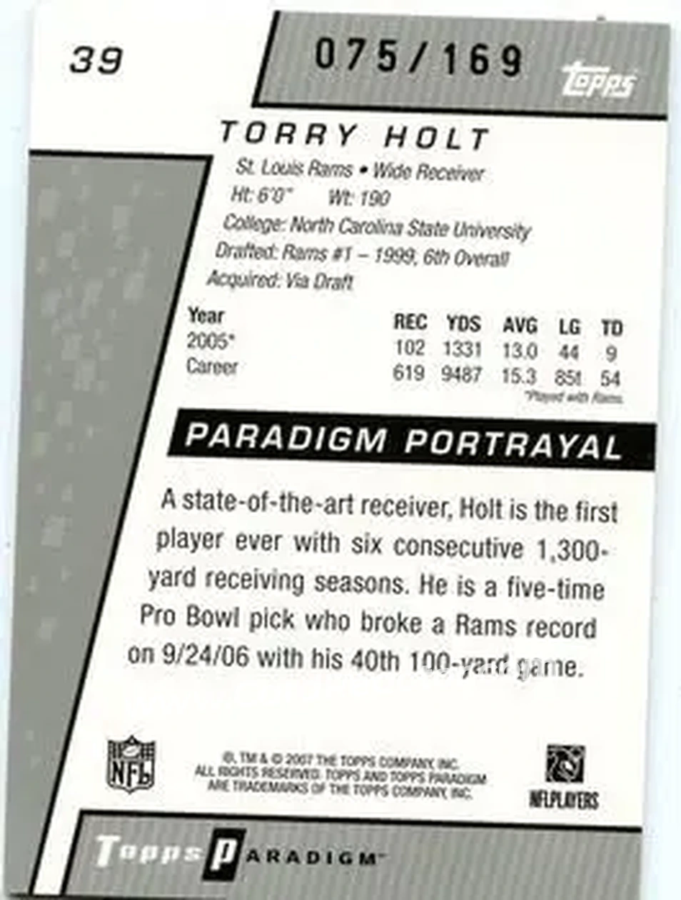 2006 Topps Paradigm #39 - Torry Holt - St. Louis Rams - Back
