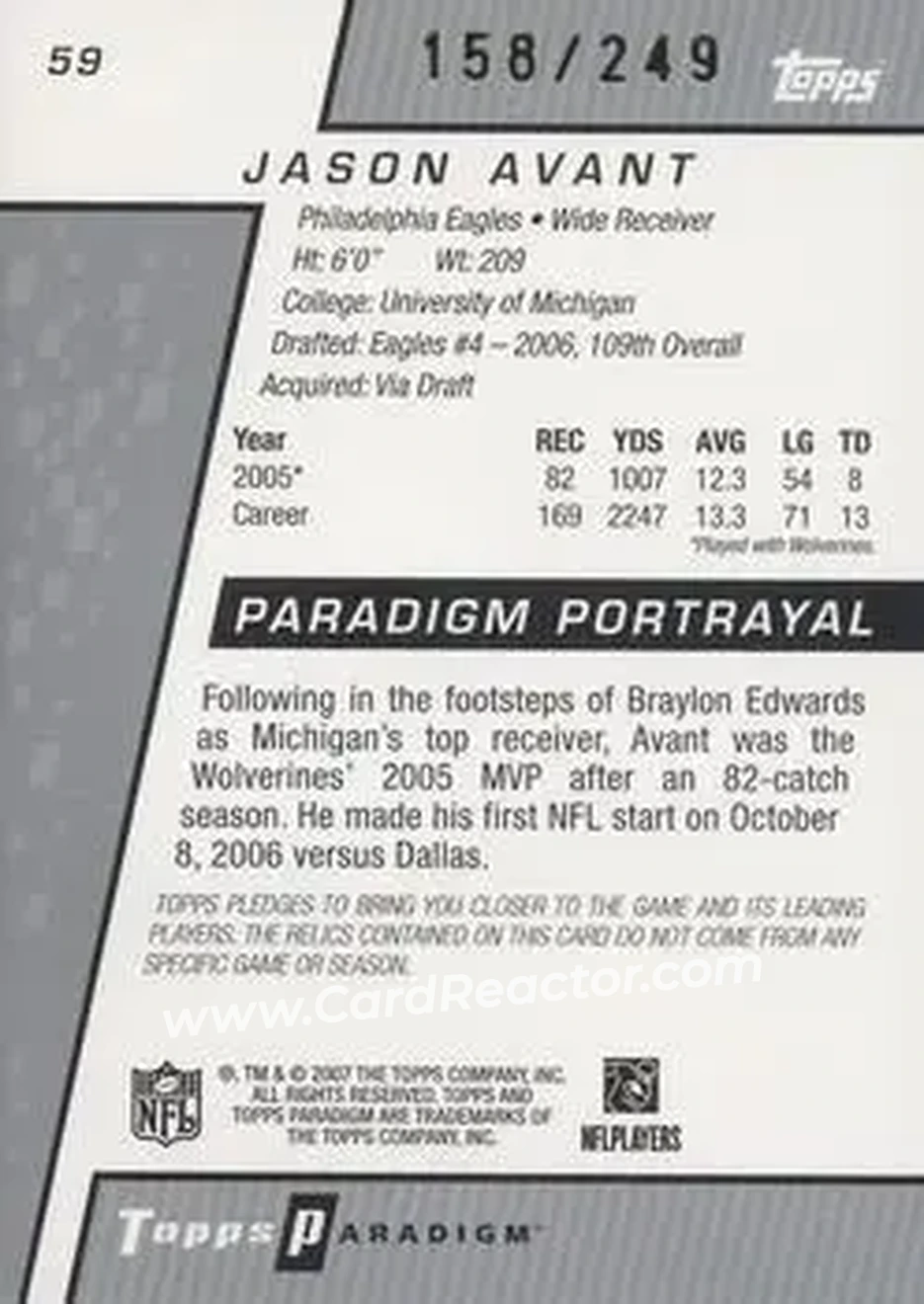2006 Topps Paradigm #59 - Jason Avant - Philadelphia Eagles - Back