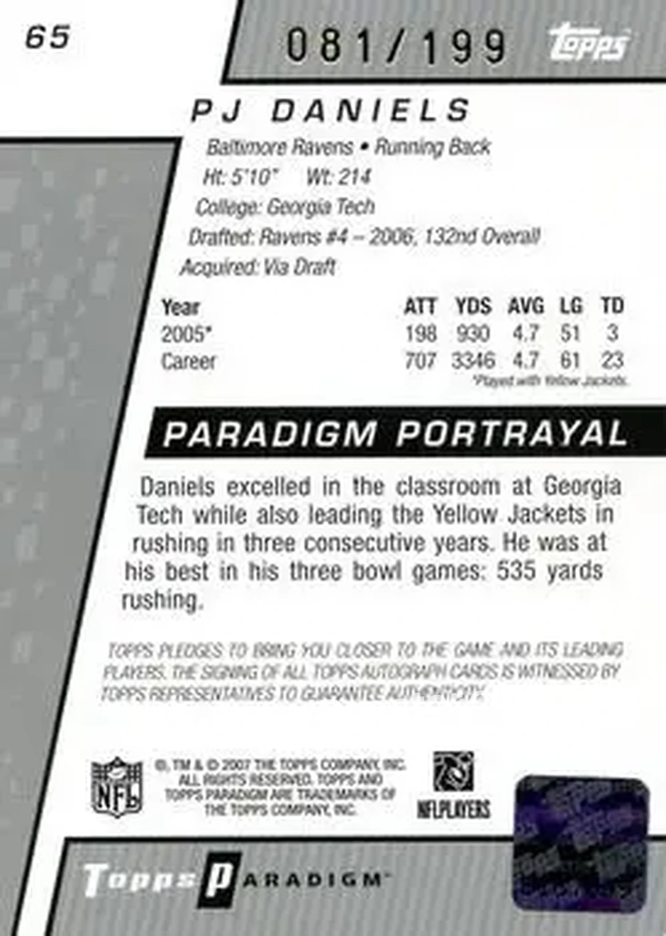 2006 Topps Paradigm #65 - P.J. Daniels - Baltimore Ravens - Back
