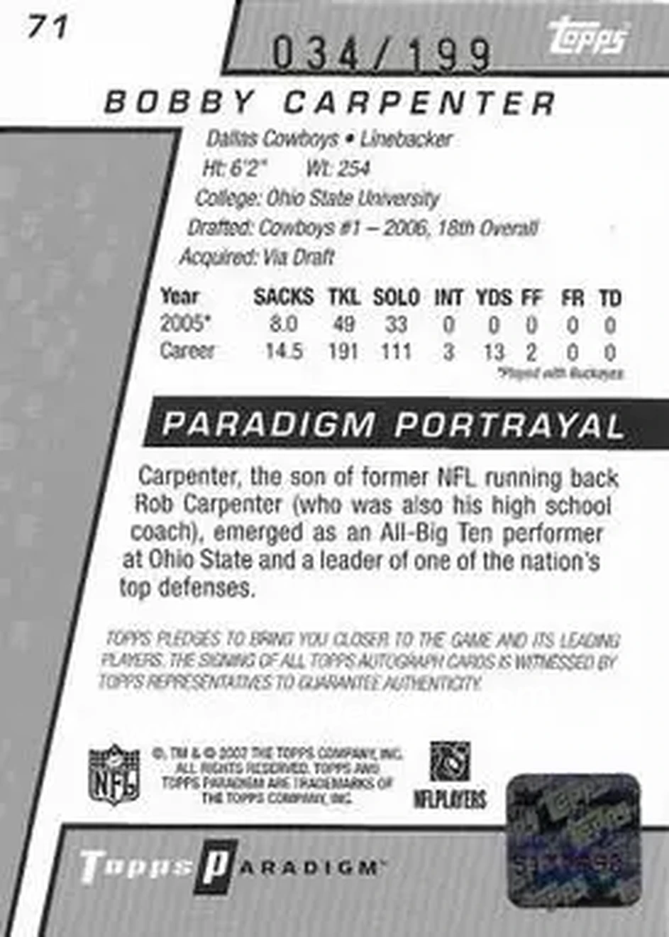 2006 Topps Paradigm #71 - Bobby Carpenter - Dallas Cowboys - Back