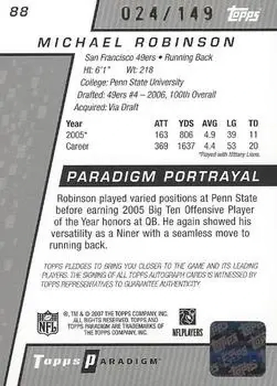 2006 Topps Paradigm #88 - Michael Robinson - San Francisco 49ers - Back