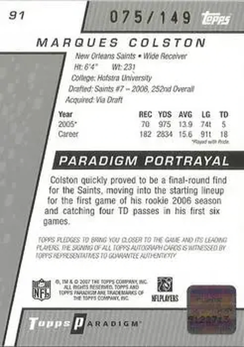 2006 Topps Paradigm #91 - Marques Colston - New Orleans Saints - Back