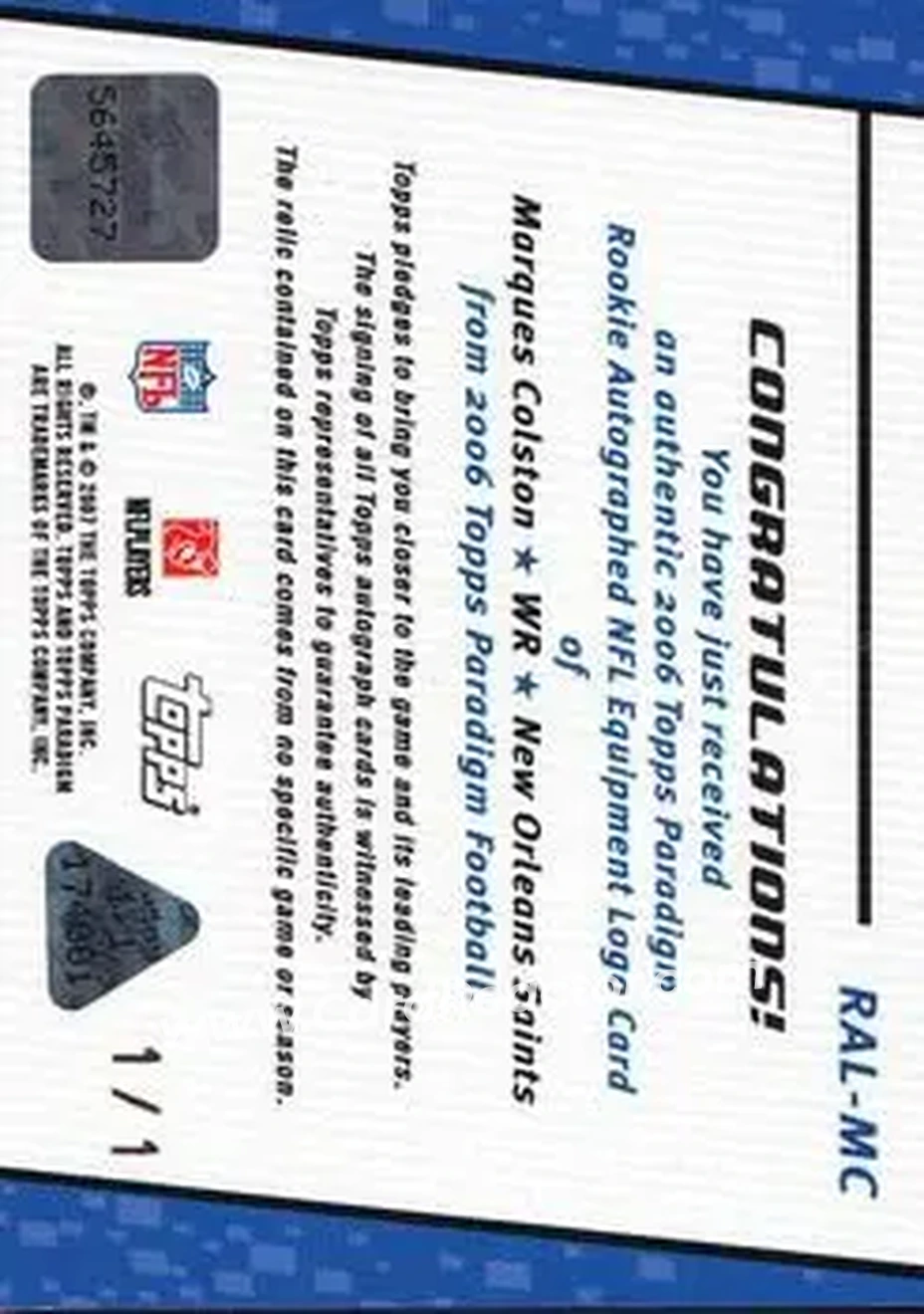 2006 Topps Paradigm - Autographed NFL Logos #RAL-MC - Marques Colston - New Orleans Saints - Back