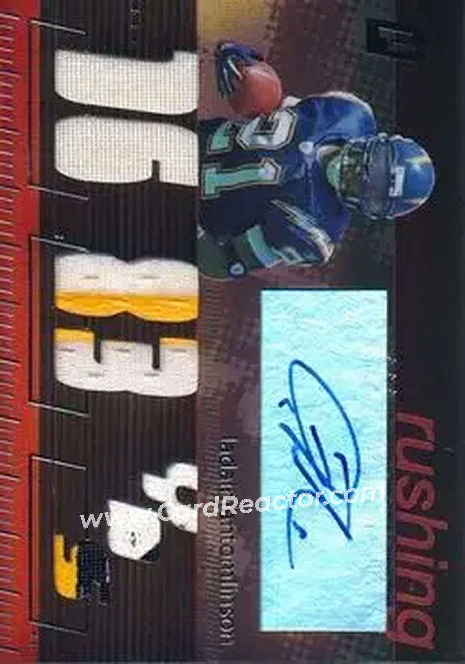 2006 Topps Paradigm - Career Highs Triple Jersey Autographs #TPCHR-LT - LaDainian Tomlinson - San Diego Chargers - Front 2006 Topps Paradigm - Career Highs Triple Jersey Autographs #TPCHR-LT - LaDainian Tomlinson - San Diego Chargers - Front