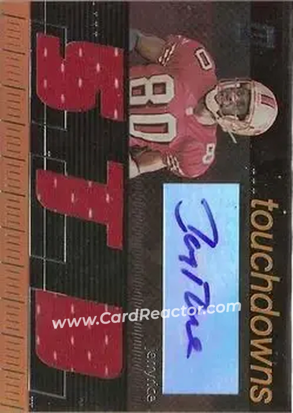 2006 Topps Paradigm - Career Highs Triple Jersey Autographs #TPCHTD-JR - Jerry Rice - San Francisco 49ers - Front 2006 Topps Paradigm - Career Highs Triple Jersey Autographs #TPCHTD-JR - Jerry Rice - San Francisco 49ers - Front