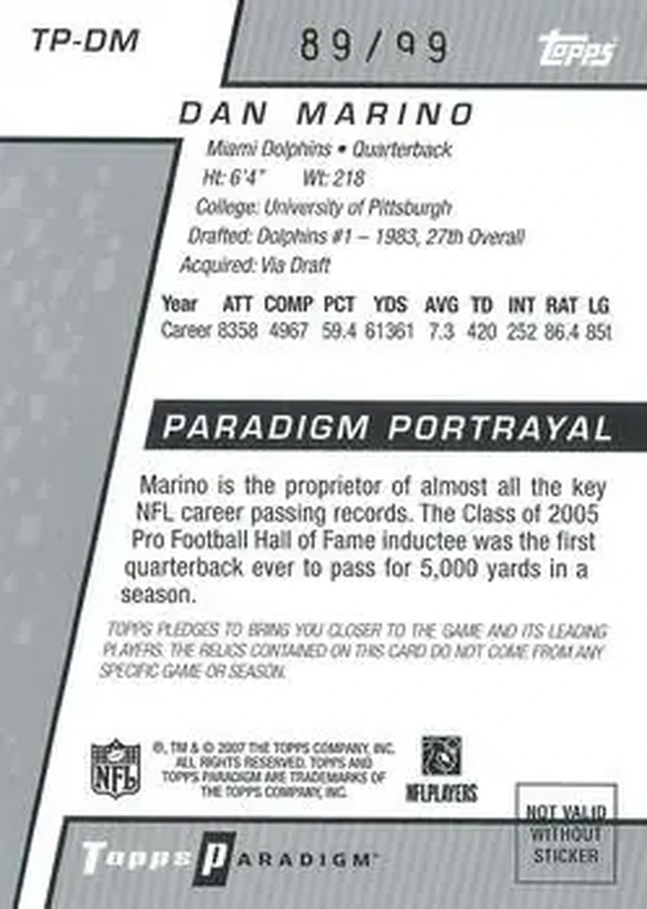 2006 Topps Paradigm - Dual Jerseys #TP-DM - Dan Marino - Miami Dolphins - Back 2006 Topps Paradigm - Dual Jerseys #TP-DM - Dan Marino - Miami Dolphins - Back