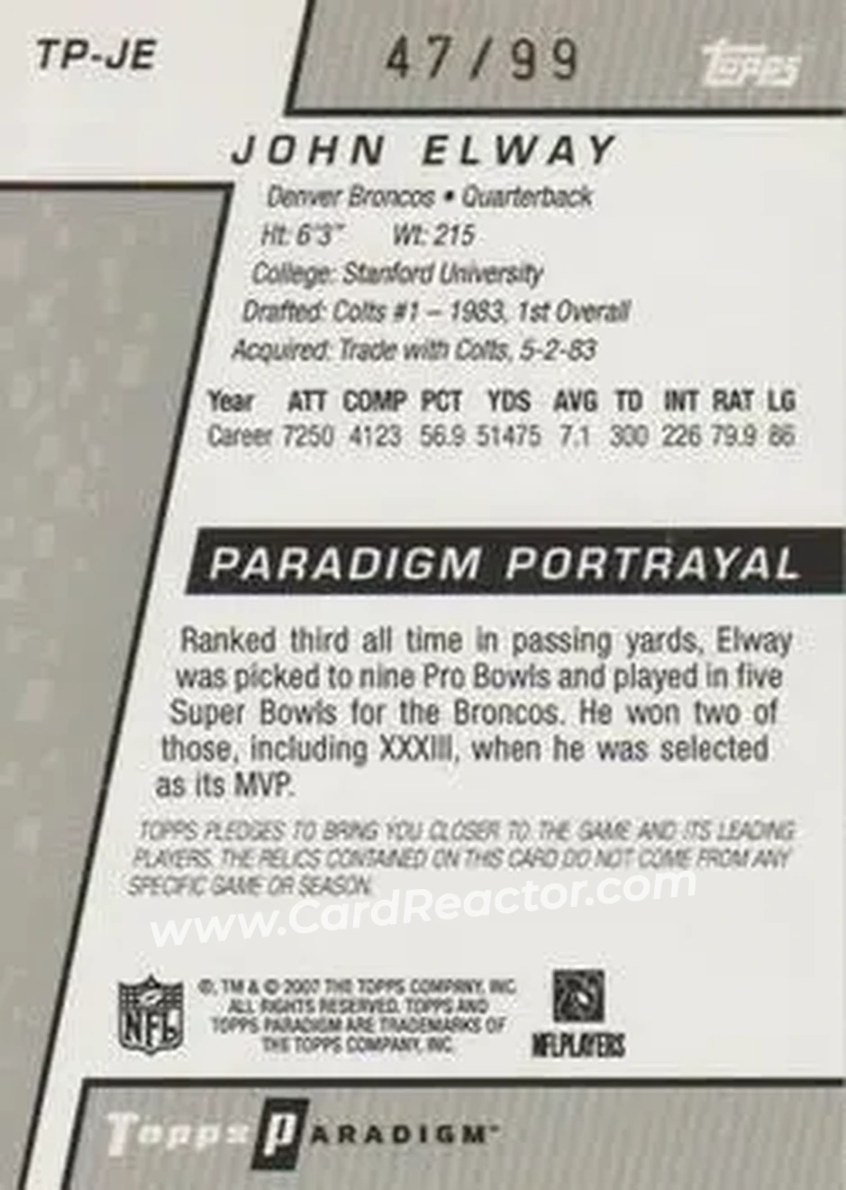 2006 Topps Paradigm - Dual Jerseys #TP-JE - John Elway - Denver Broncos - Back 2006 Topps Paradigm - Dual Jerseys #TP-JE - John Elway - Denver Broncos - Back