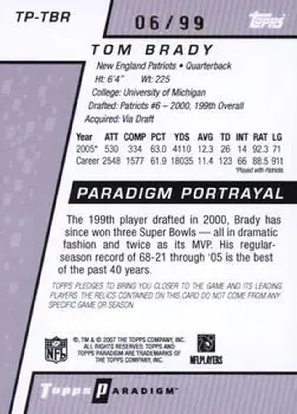 2006 Topps Paradigm - Dual Jerseys #TP-TBR - Tom Brady - New England Patriots - Back 2006 Topps Paradigm - Dual Jerseys #TP-TBR - Tom Brady - New England Patriots - Back