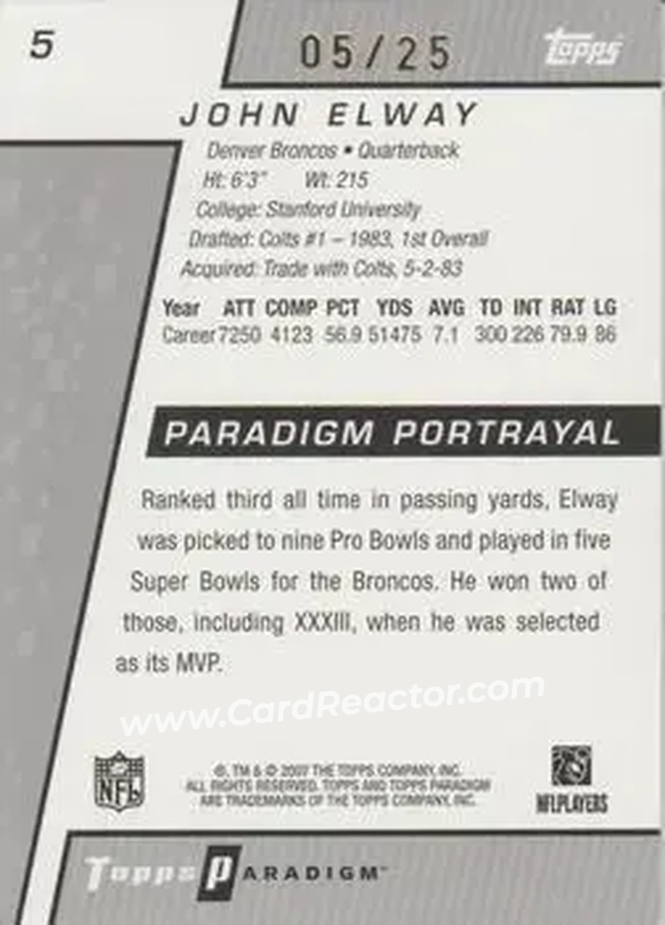 2006 Topps Paradigm - Gold #5 - John Elway - Denver Broncos - Back 2006 Topps Paradigm - Gold #5 - John Elway - Denver Broncos - Back