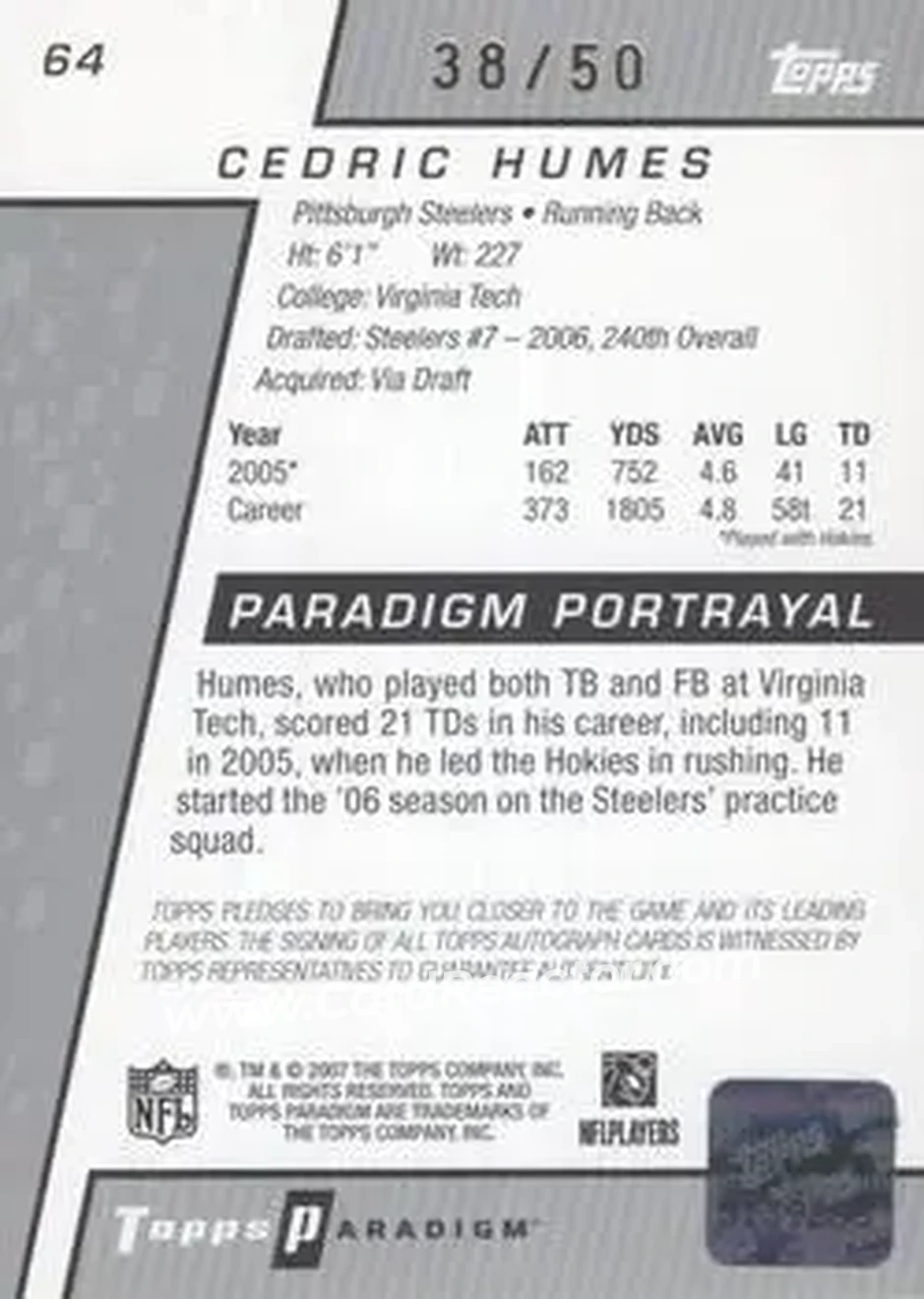 2006 Topps Paradigm - Gold #64 - Cedric Humes - Pittsburgh Steelers - Back