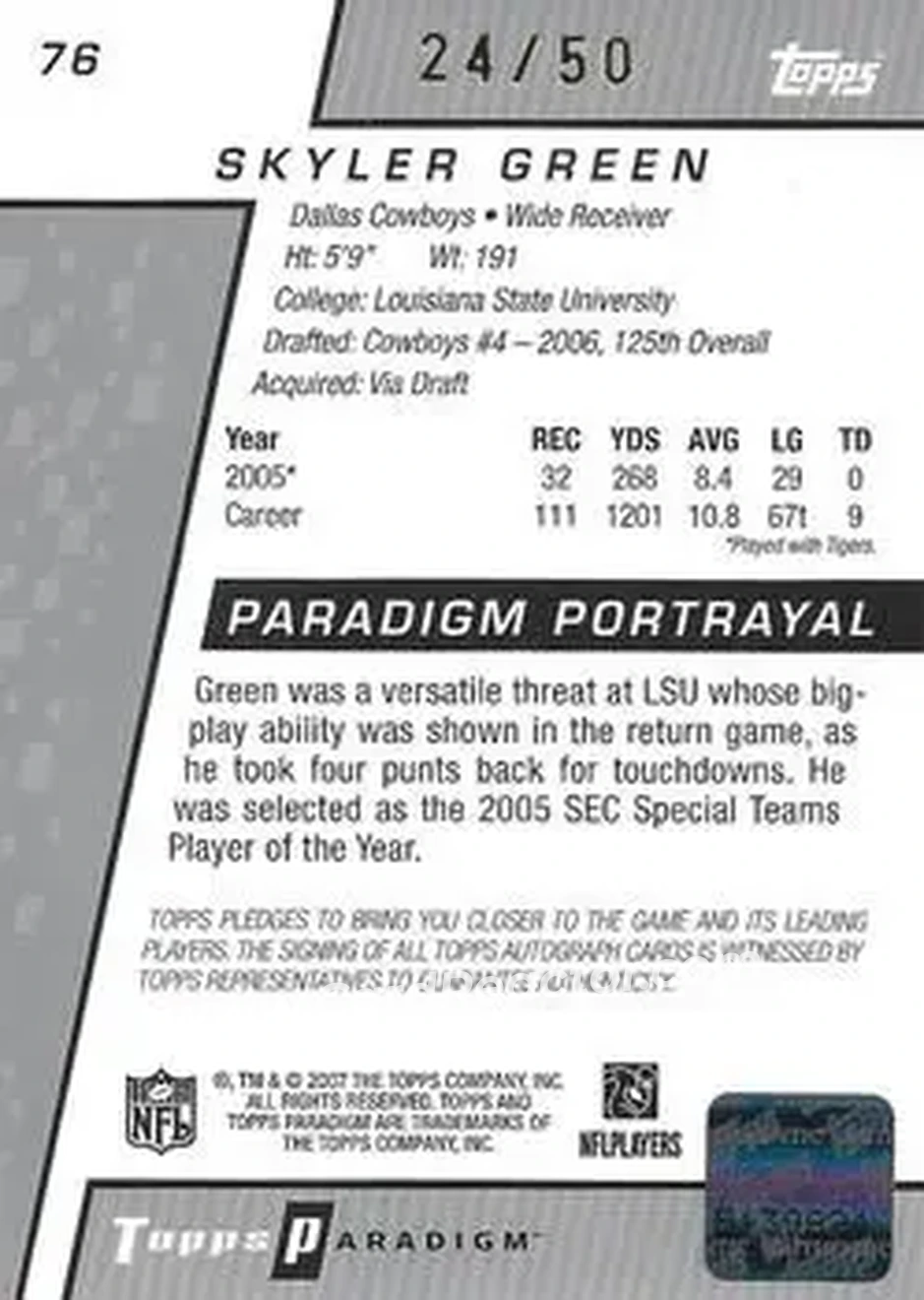 2006 Topps Paradigm - Gold #76 - Skyler Green - Dallas Cowboys - Back