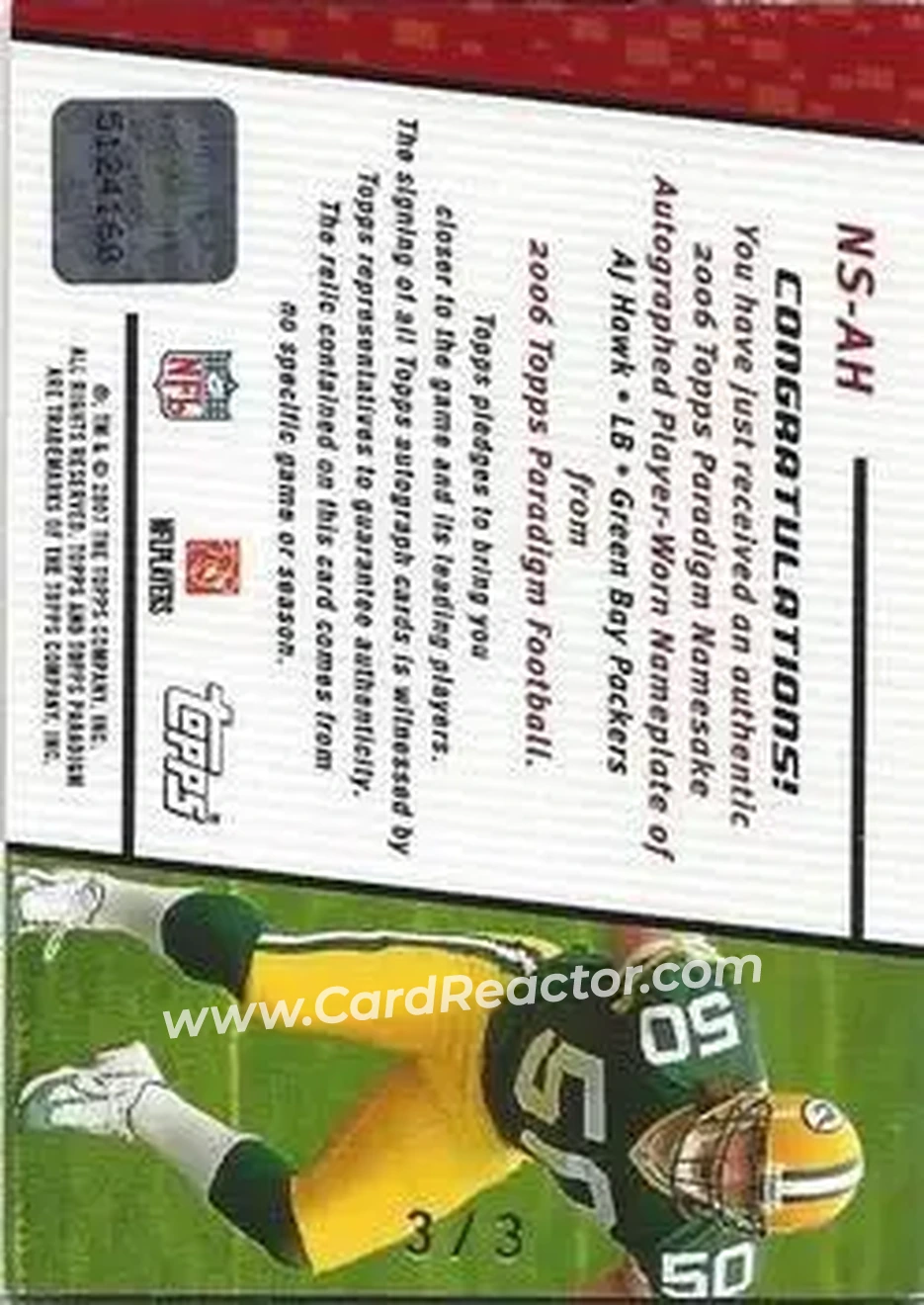 2006 Topps Paradigm - Namesake Relics Autographs #AH1 - A.J. Hawk - Green Bay Packers - Back 2006 Topps Paradigm - Namesake Relics Autographs #AH1 - A.J. Hawk - Green Bay Packers - Back
