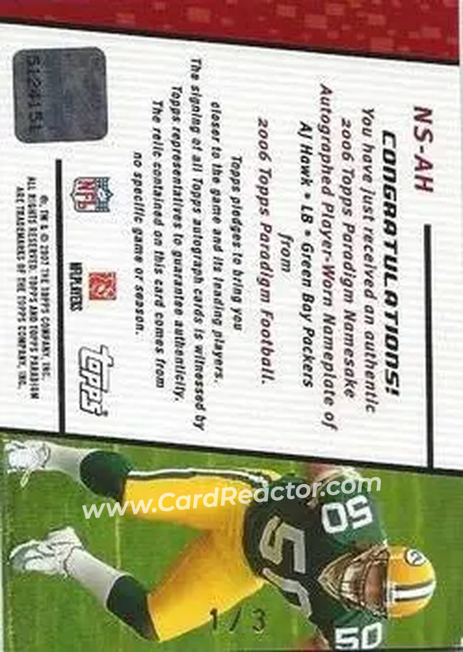 2006 Topps Paradigm - Namesake Relics Autographs #AH2 - A.J. Hawk - Green Bay Packers - Back 2006 Topps Paradigm - Namesake Relics Autographs #AH2 - A.J. Hawk - Green Bay Packers - Back