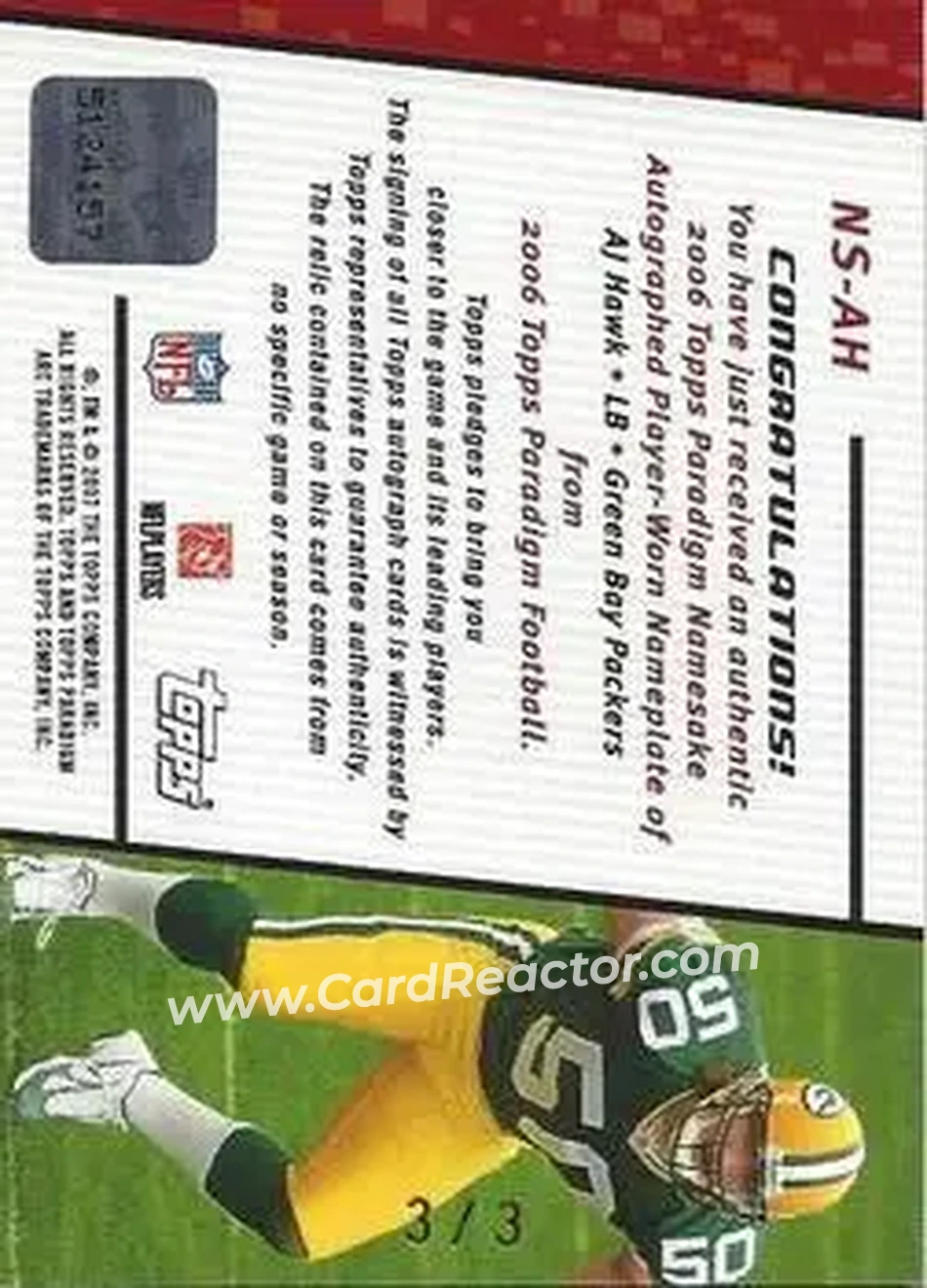 2006 Topps Paradigm - Namesake Relics Autographs #AH3 - A.J. Hawk - Green Bay Packers - Back 2006 Topps Paradigm - Namesake Relics Autographs #AH3 - A.J. Hawk - Green Bay Packers - Back