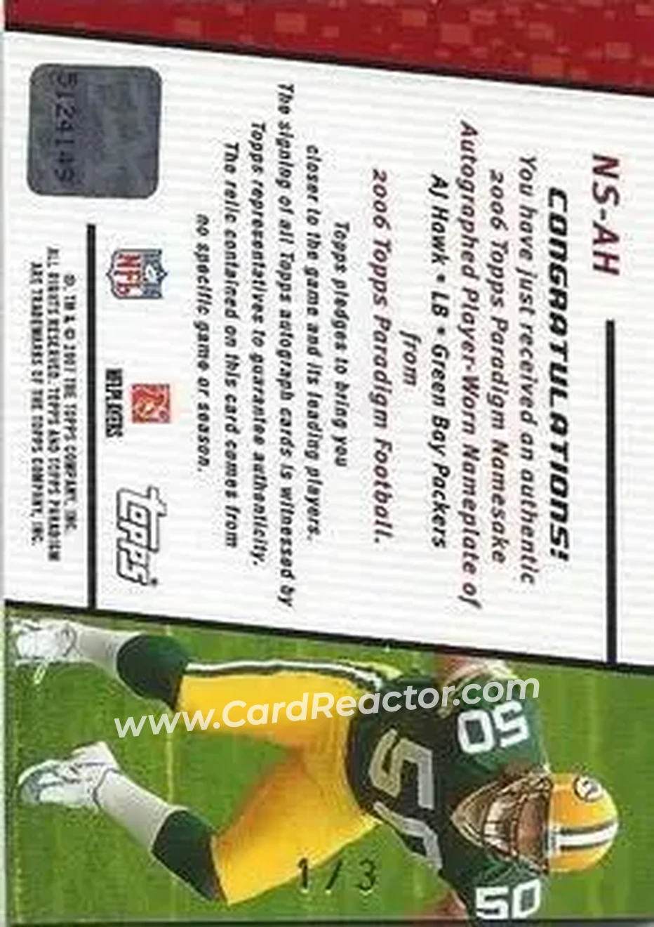 2006 Topps Paradigm - Namesake Relics Autographs #AH4 - A.J. Hawk - Green Bay Packers - Back 2006 Topps Paradigm - Namesake Relics Autographs #AH4 - A.J. Hawk - Green Bay Packers - Back