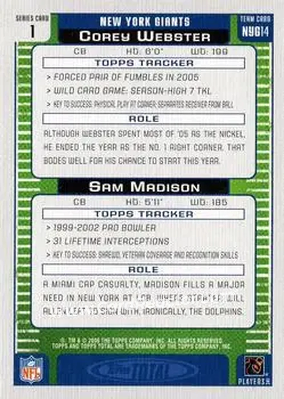 2006 Topps Total #1 - Corey Webster - Sam Madison - New York Giants - New York Giants - Back 2006 Topps Total #1 - Corey Webster - Sam Madison - New York Giants - New York Giants - Back