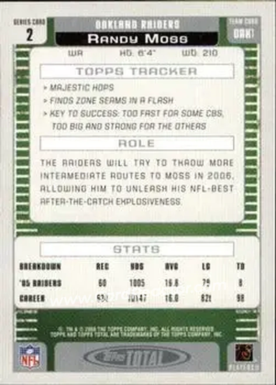 2006 Topps Total #2 - Randy Moss - Oakland Raiders - Back