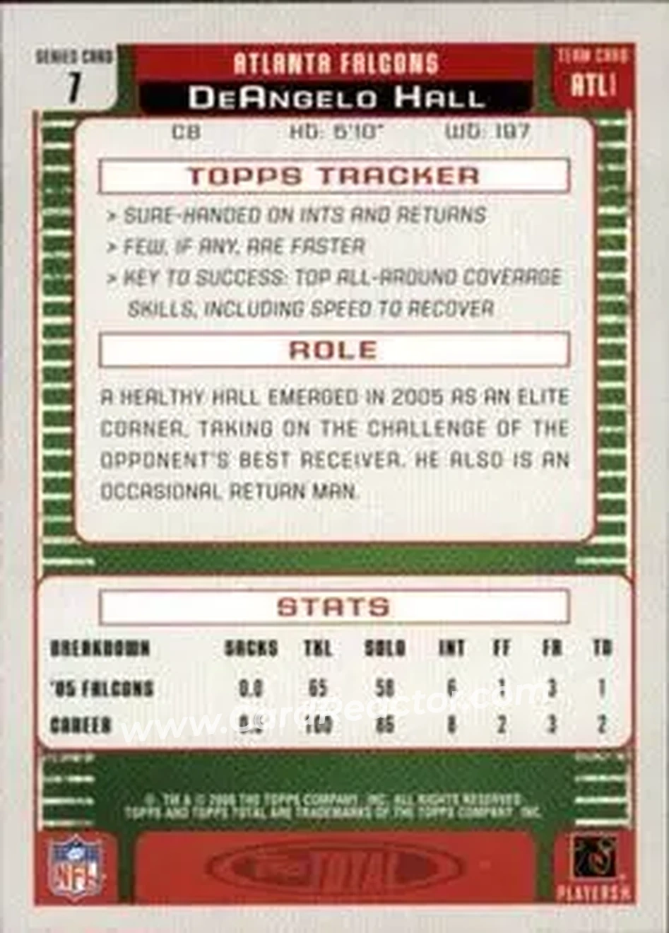2006 Topps Total #7 - DeAngelo Hall - Atlanta Falcons - Back