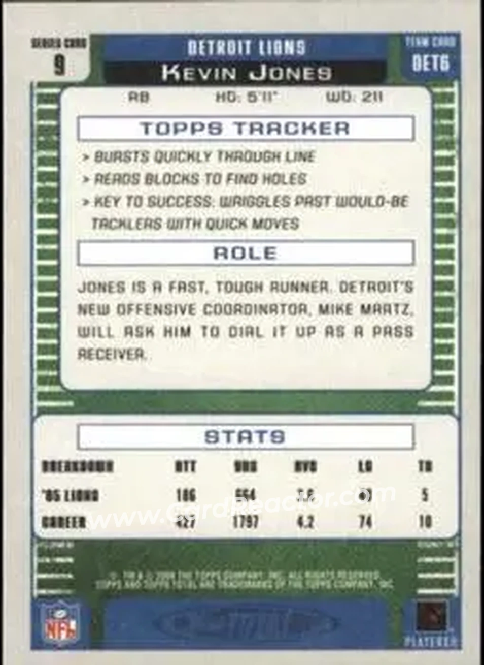 2006 Topps Total #9 - Kevin Jones - Detroit Lions - Back