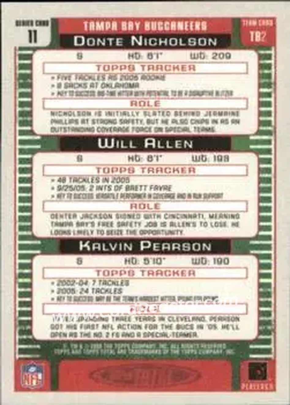 2006 Topps Total #11 - Donte Nicholson - Kalvin Pearson - Will Allen RC - Tampa Bay Buccaneers - Tampa Bay Buccaneers - Back