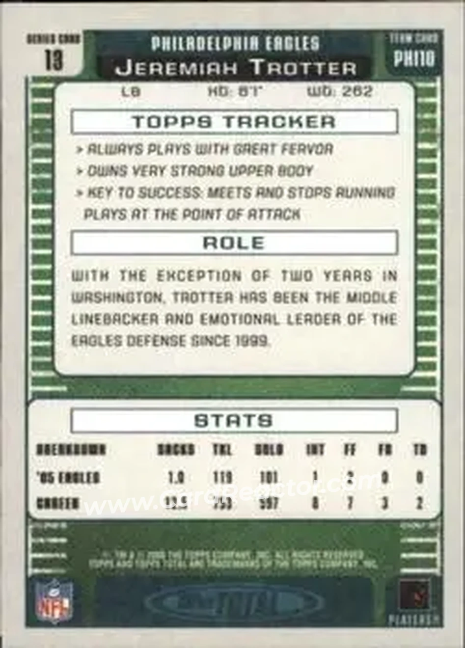 2006 Topps Total #13 - Jeremiah Trotter - Philadelphia Eagles - Back