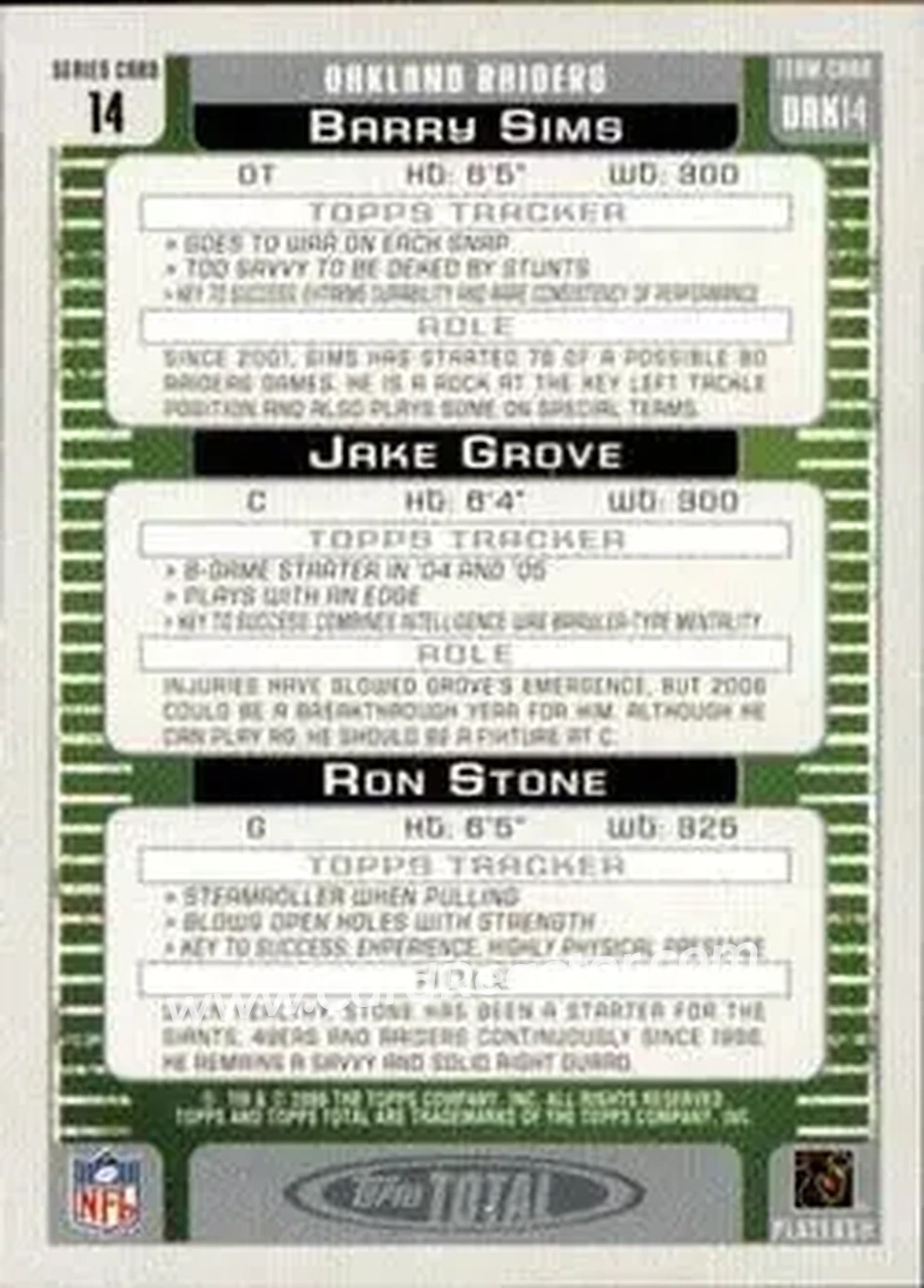 2006 Topps Total #14 - Ron Stone - Jake Grove - Barry Sims - Oakland Raiders - Oakland Raiders - Back