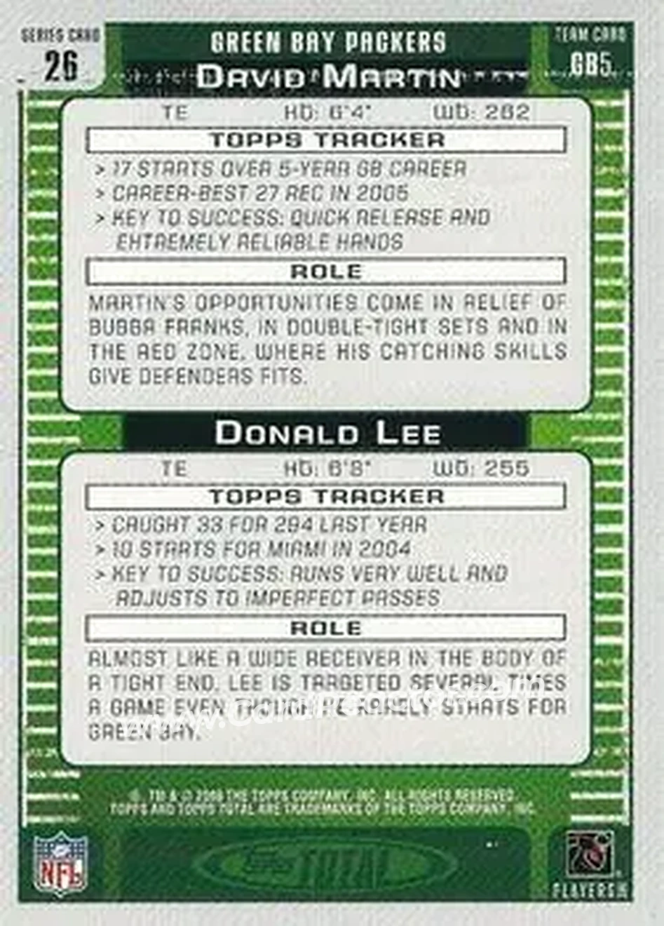 2006 Topps Total #26 - Donald Lee - David Martin - Green Bay Packers - Green Bay Packers - Back