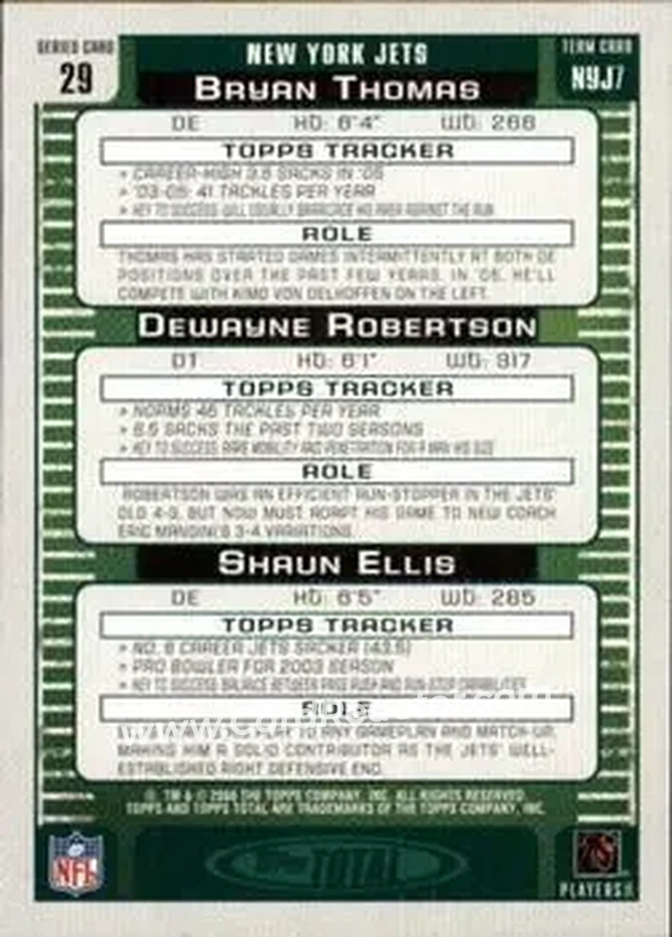 2006 Topps Total #29 - Shaun Ellis - Dewayne Robertson - Bryan Thomas - New York Jets - New York Jets - Back