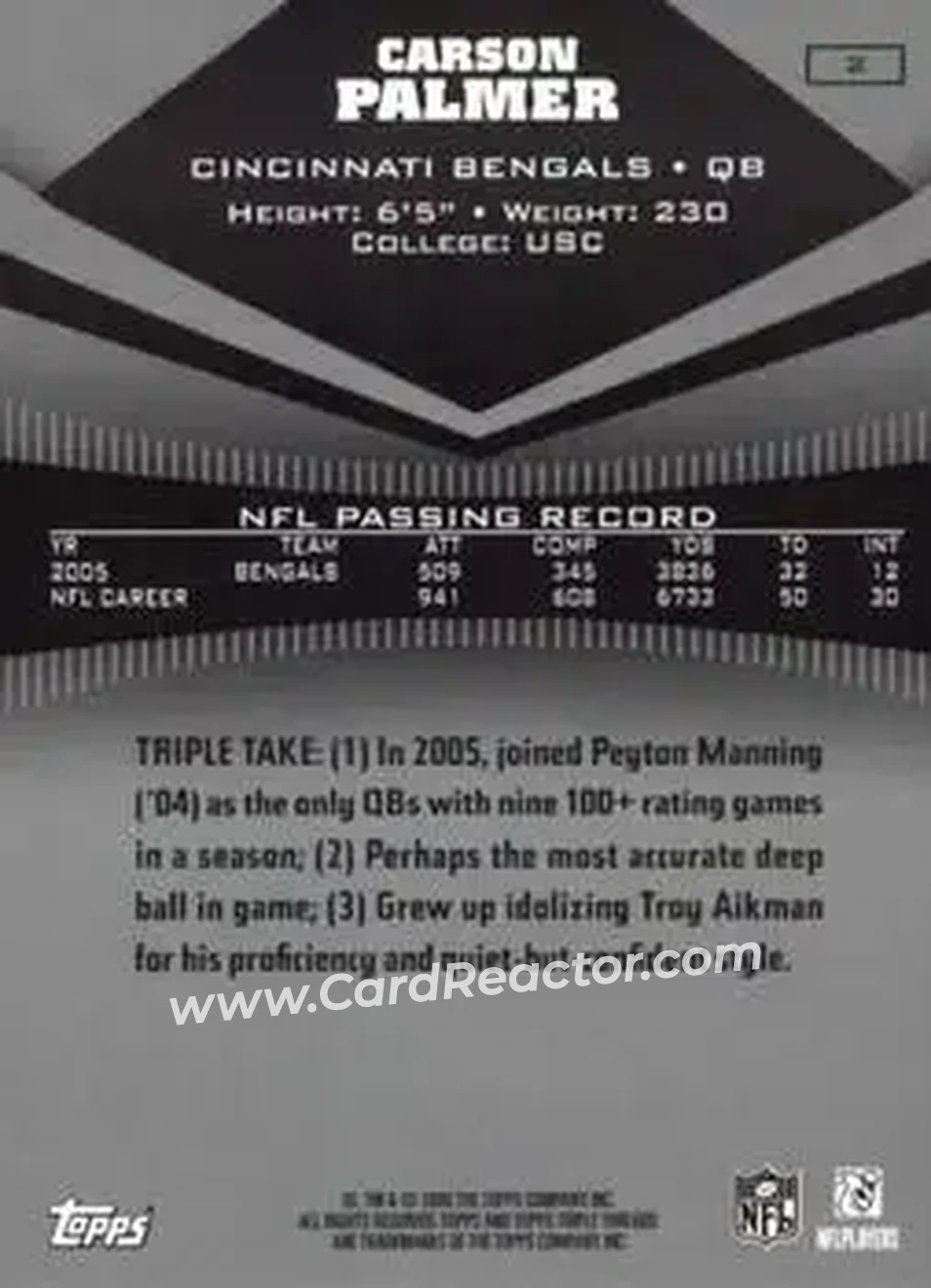2006 Topps Triple Threads #2 - Carson Palmer - Cincinnati Bengals - Back