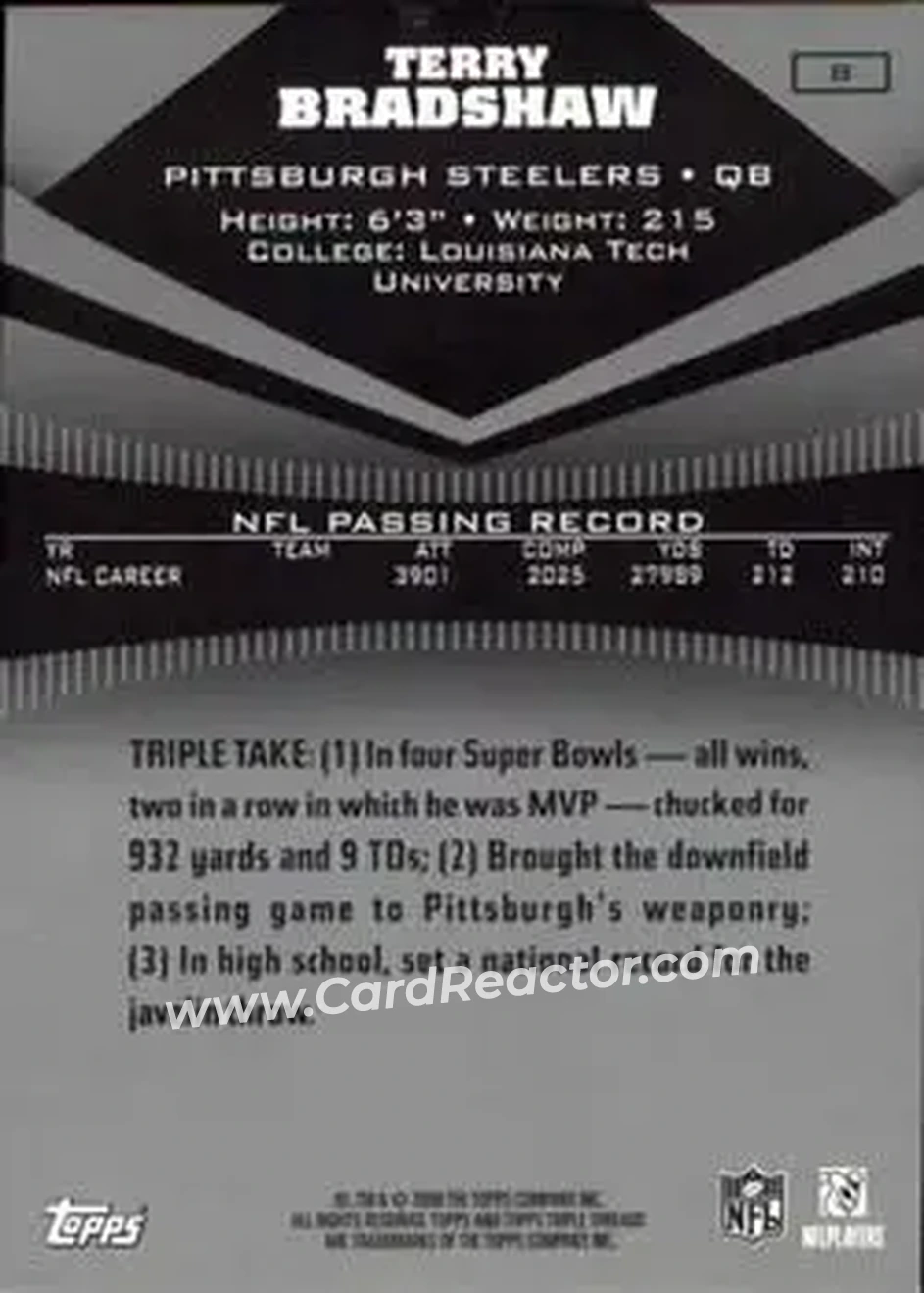 2006 Topps Triple Threads #8 - Terry Bradshaw - Pittsburgh Steelers - Back 2006 Topps Triple Threads #8 - Terry Bradshaw - Pittsburgh Steelers - Back