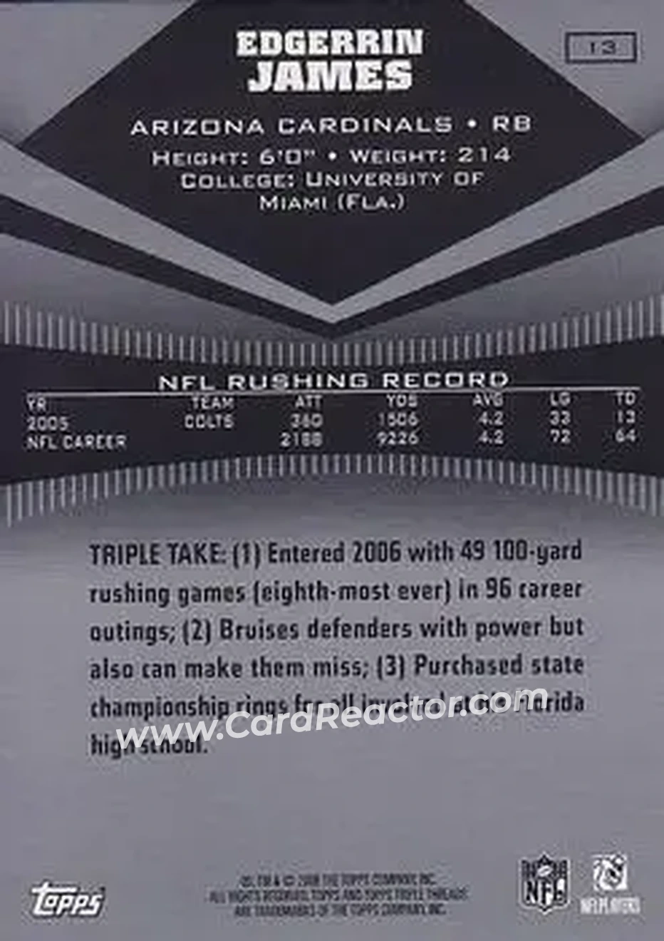 2006 Topps Triple Threads #13 - Edgerrin James - Arizona Cardinals - Back