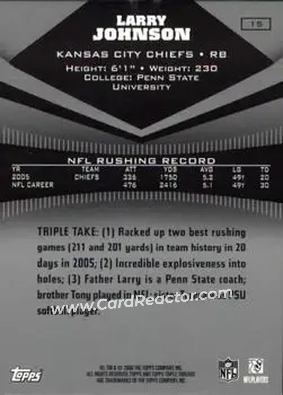 2006 Topps Triple Threads #15 - Larry Johnson - Kansas City Chiefs - Back