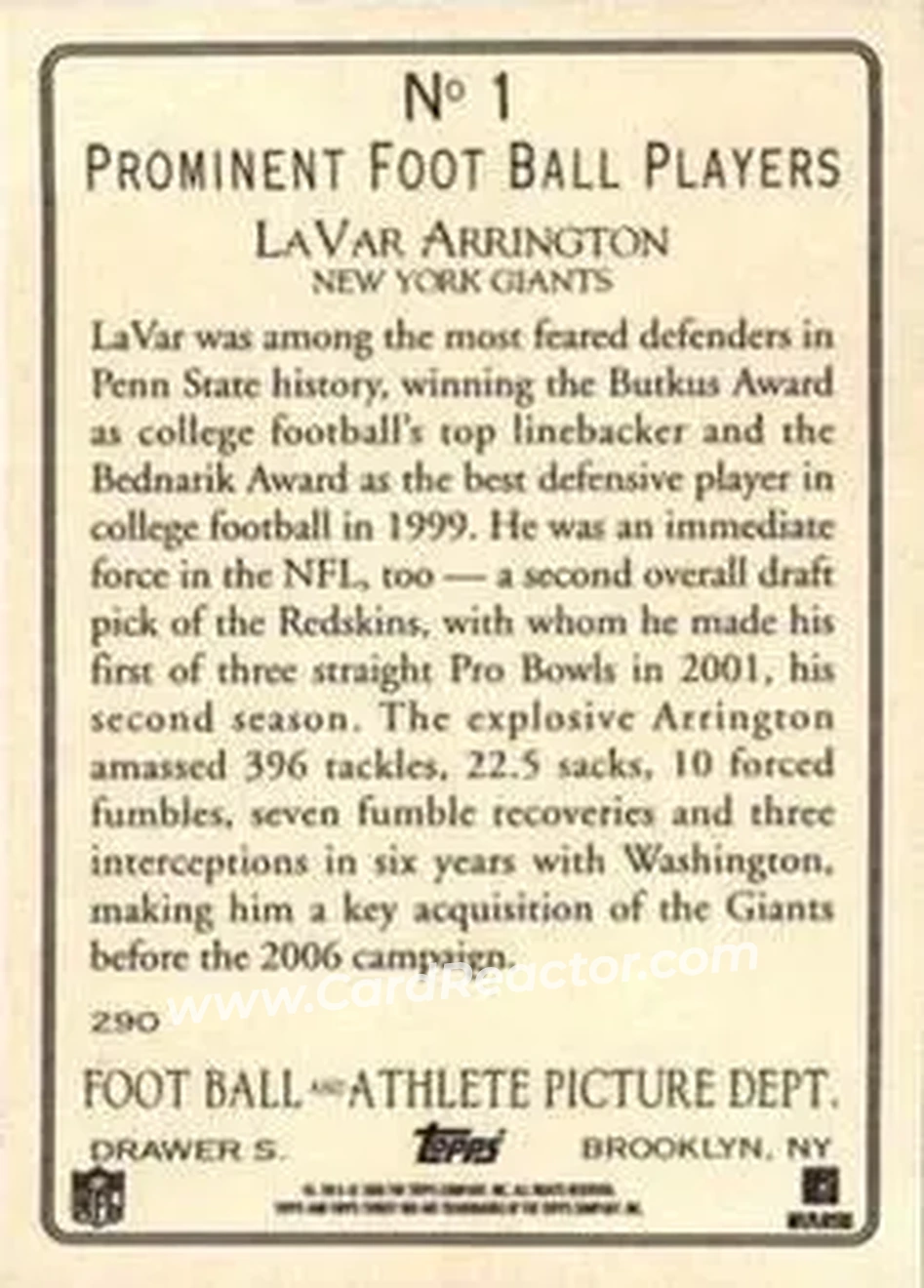 2006 Topps Turkey Red #1 - LaVar Arrington - New York Giants - Back