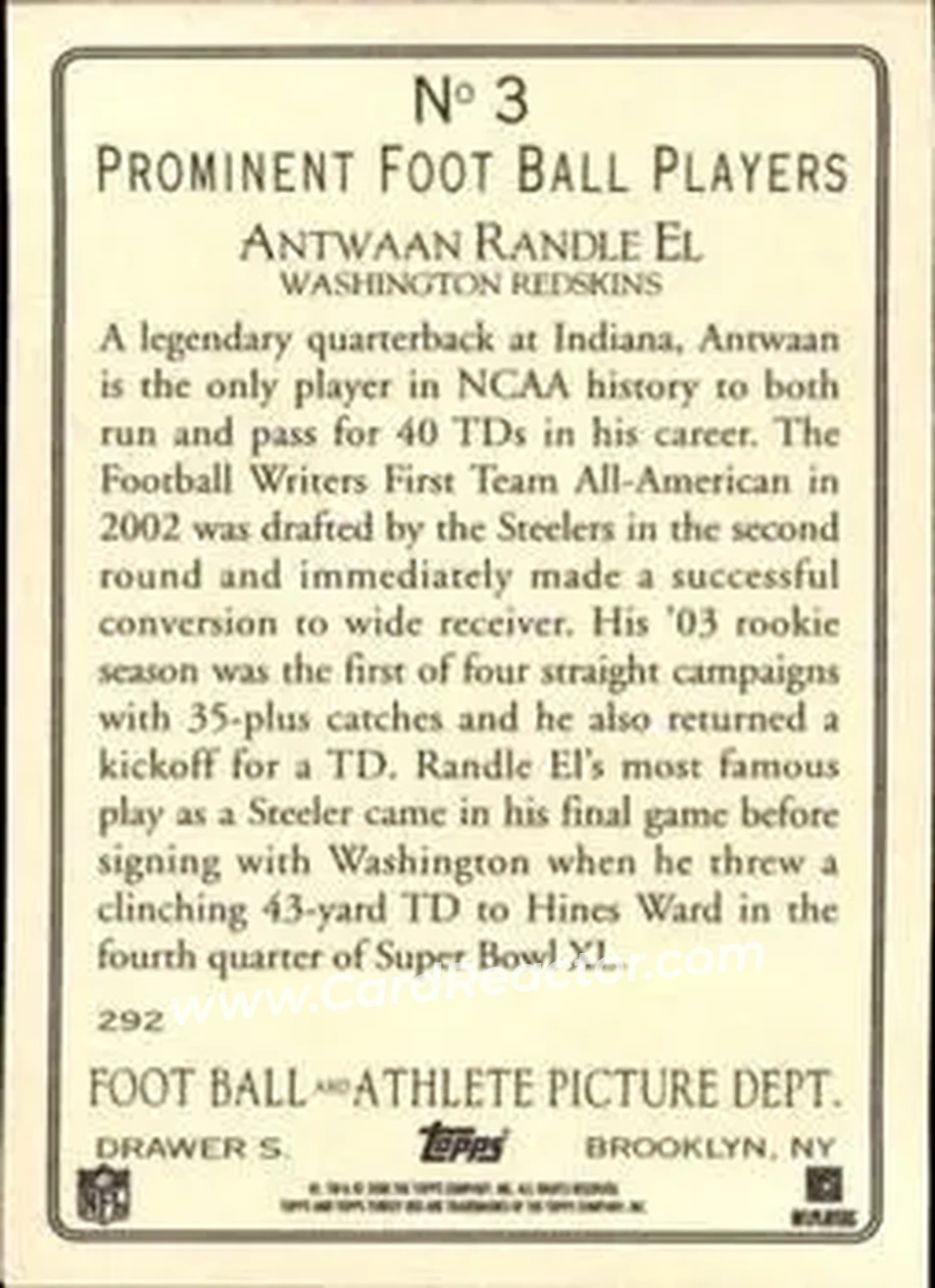 2006 Topps Turkey Red #3 - Antwaan Randle El - Washington Redskins - Back