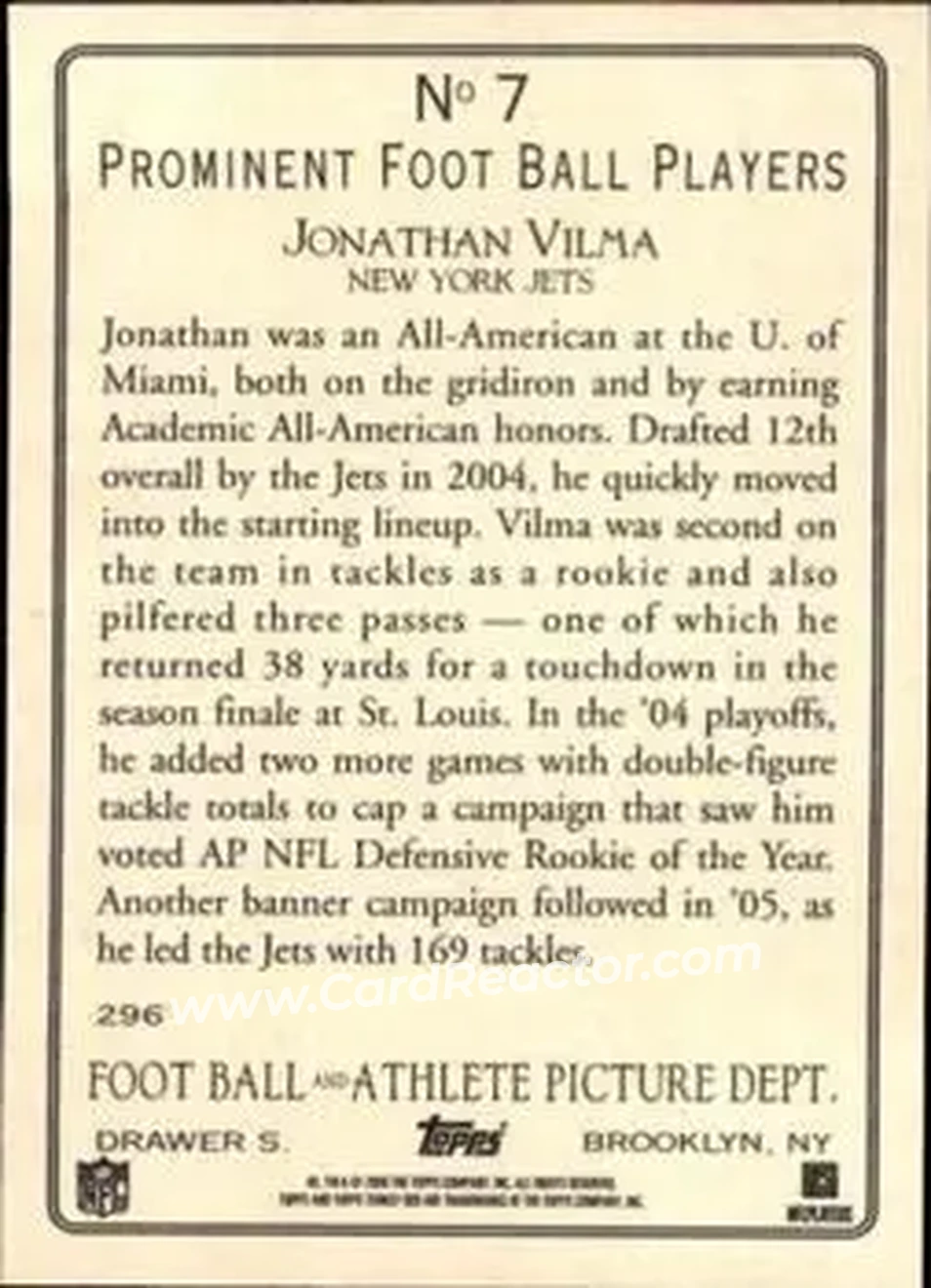 2006 Topps Turkey Red #7 - Jonathan Vilma - New York Jets - Back