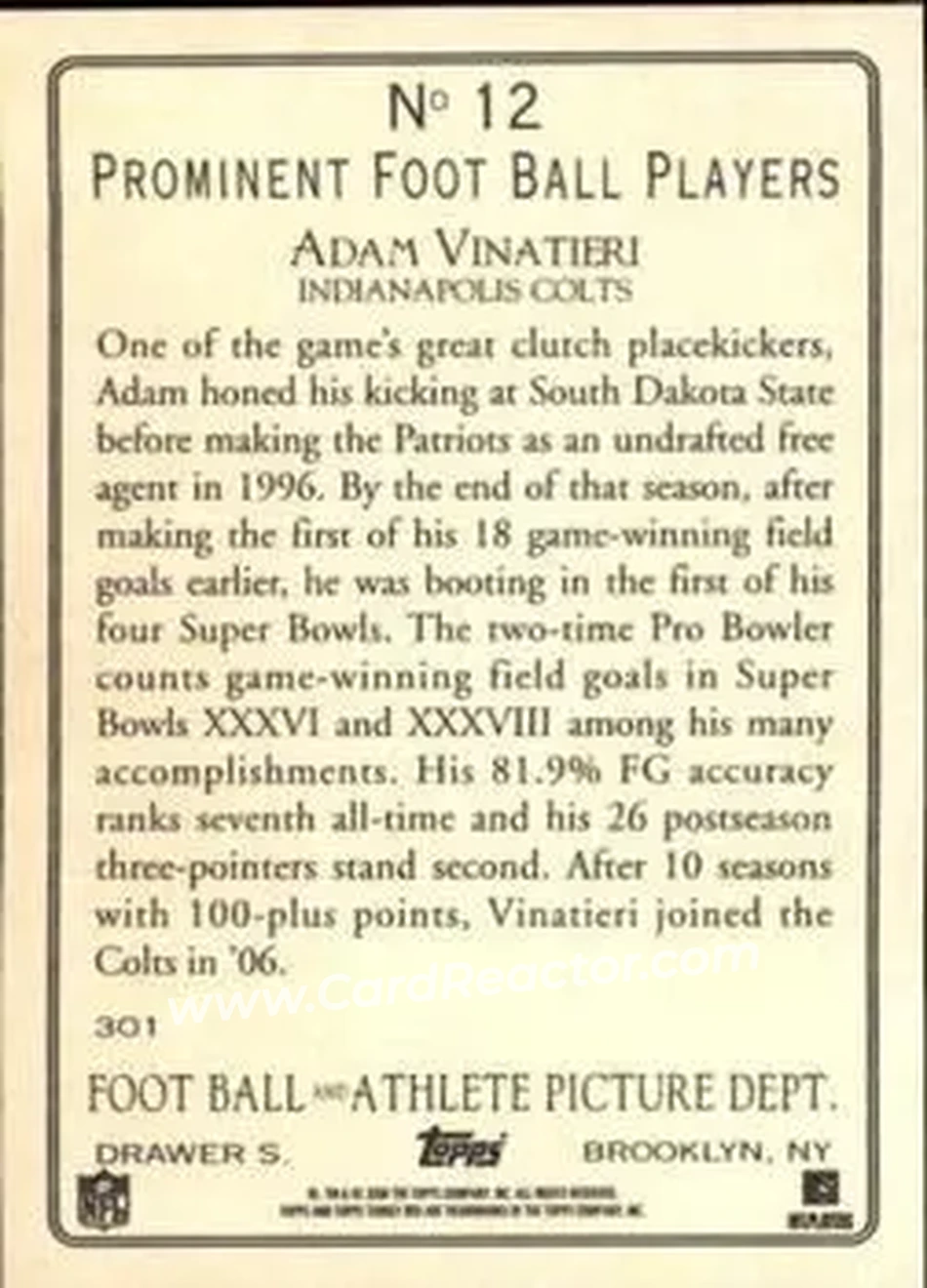 2006 Topps Turkey Red #12 - Adam Vinatieri - Indianapolis Colts - Back