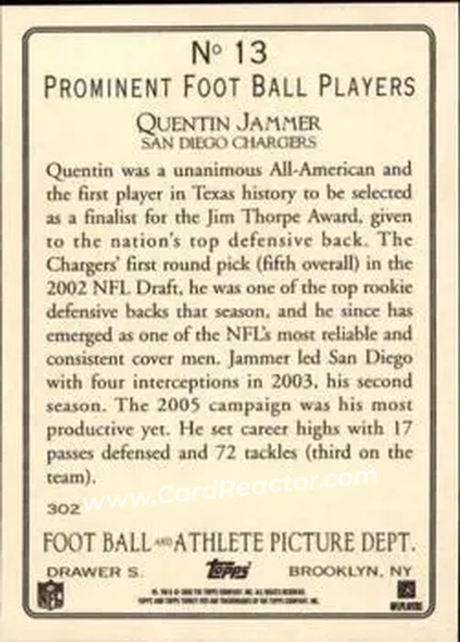 2006 Topps Turkey Red #13 - Quentin Jammer - San Diego Chargers - Back