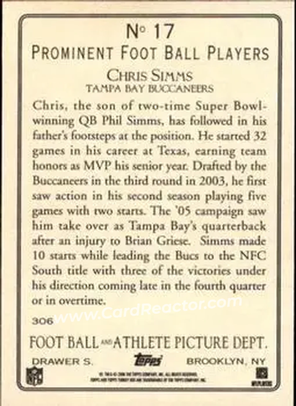2006 Topps Turkey Red #17 - Chris Simms - Tampa Bay Buccaneers - Back