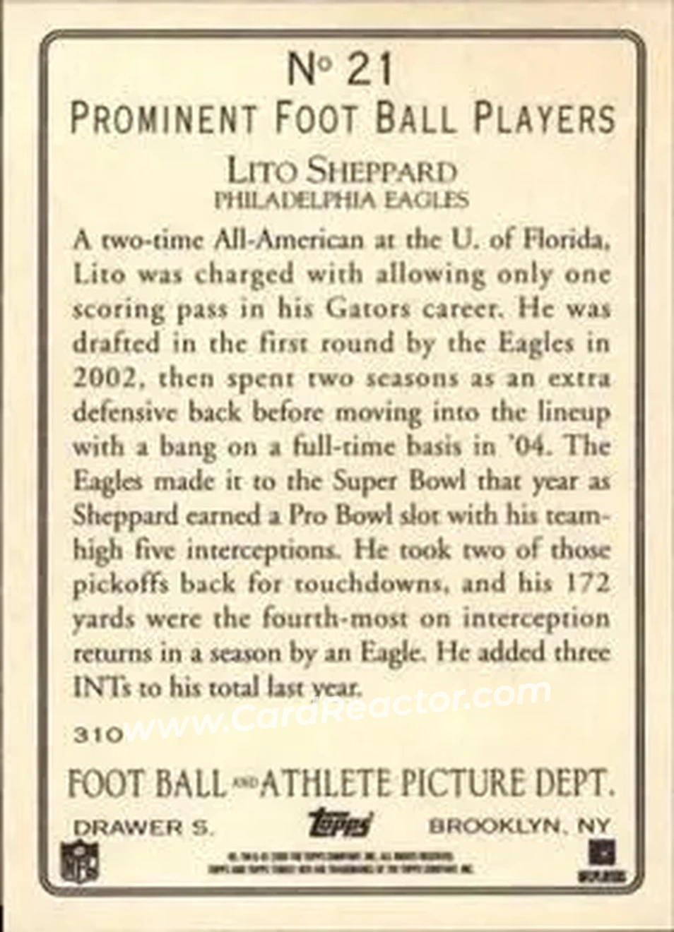 2006 Topps Turkey Red #21 - Lito Sheppard - Philadelphia Eagles - Back