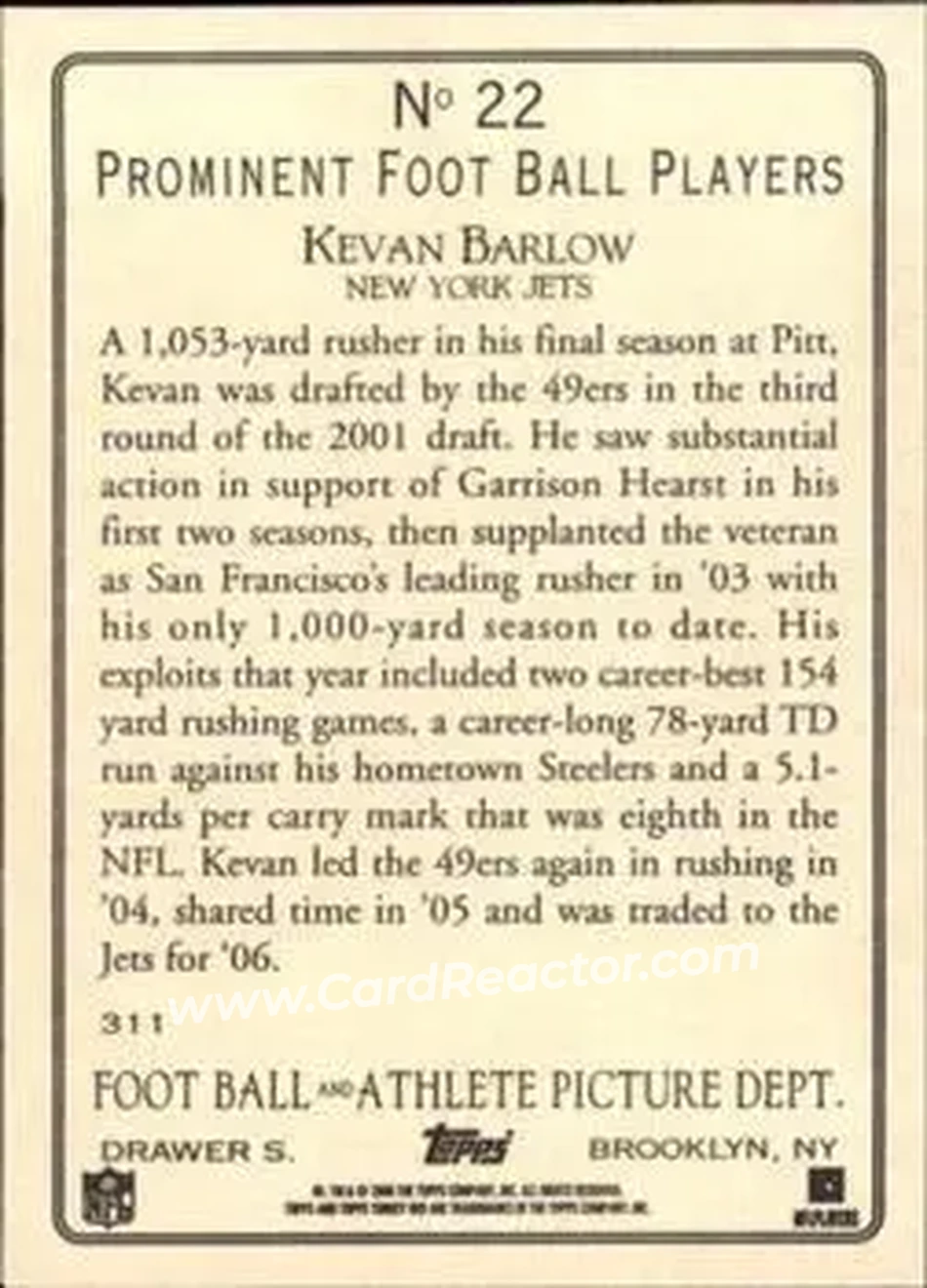 2006 Topps Turkey Red #22 - Kevan Barlow - New York Jets - Back