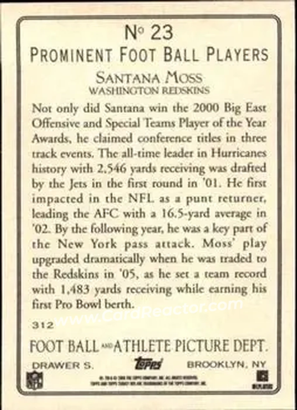 2006 Topps Turkey Red #23 - Santana Moss - Washington Redskins - Back