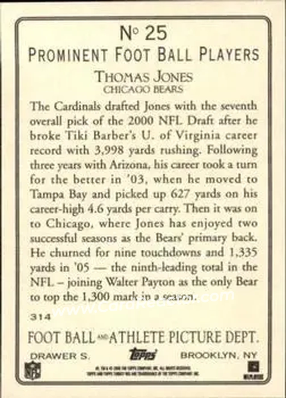 2006 Topps Turkey Red #25 - Thomas Jones - Chicago Bears - Back