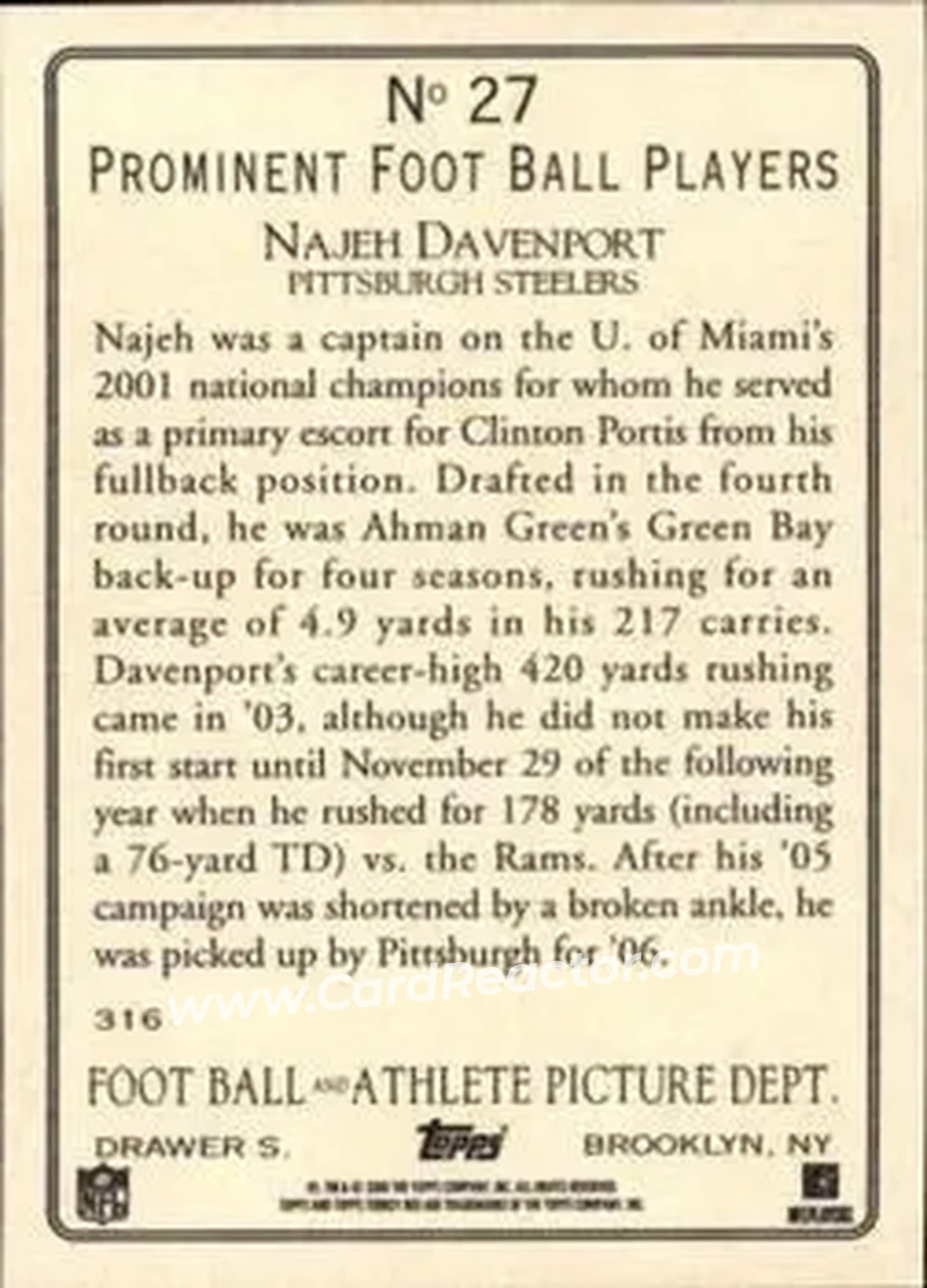 2006 Topps Turkey Red #27 - Najeh Davenport - Pittsburgh Steelers - Back